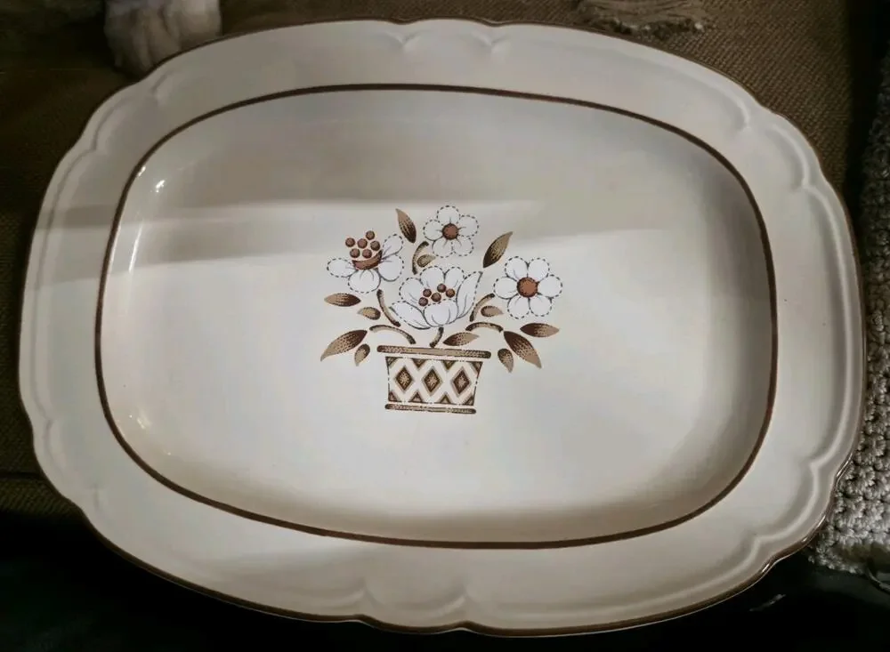 Vintage Mayblossom Cumberland Japan Stoneware Serving Platter Brown Floral EUC